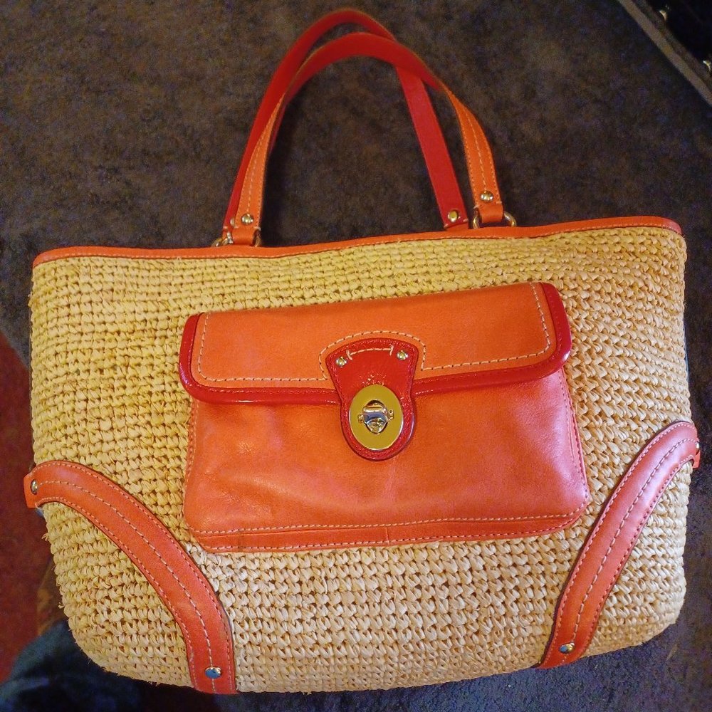 Authentic Coach Straw Pocket Tote Bag, Natural and Tangerine